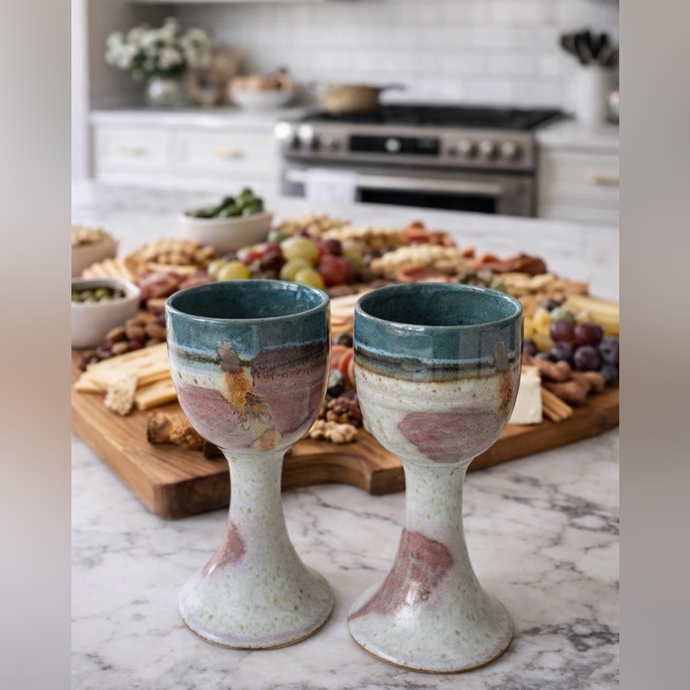Earthy Studio Pottery Goblets Set 2 Artisan Ceramic Chalices Wedding Wine Cups